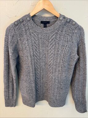 J. Crew Gray Cable Knit Crewneck Sweater with Shoulder Buttons